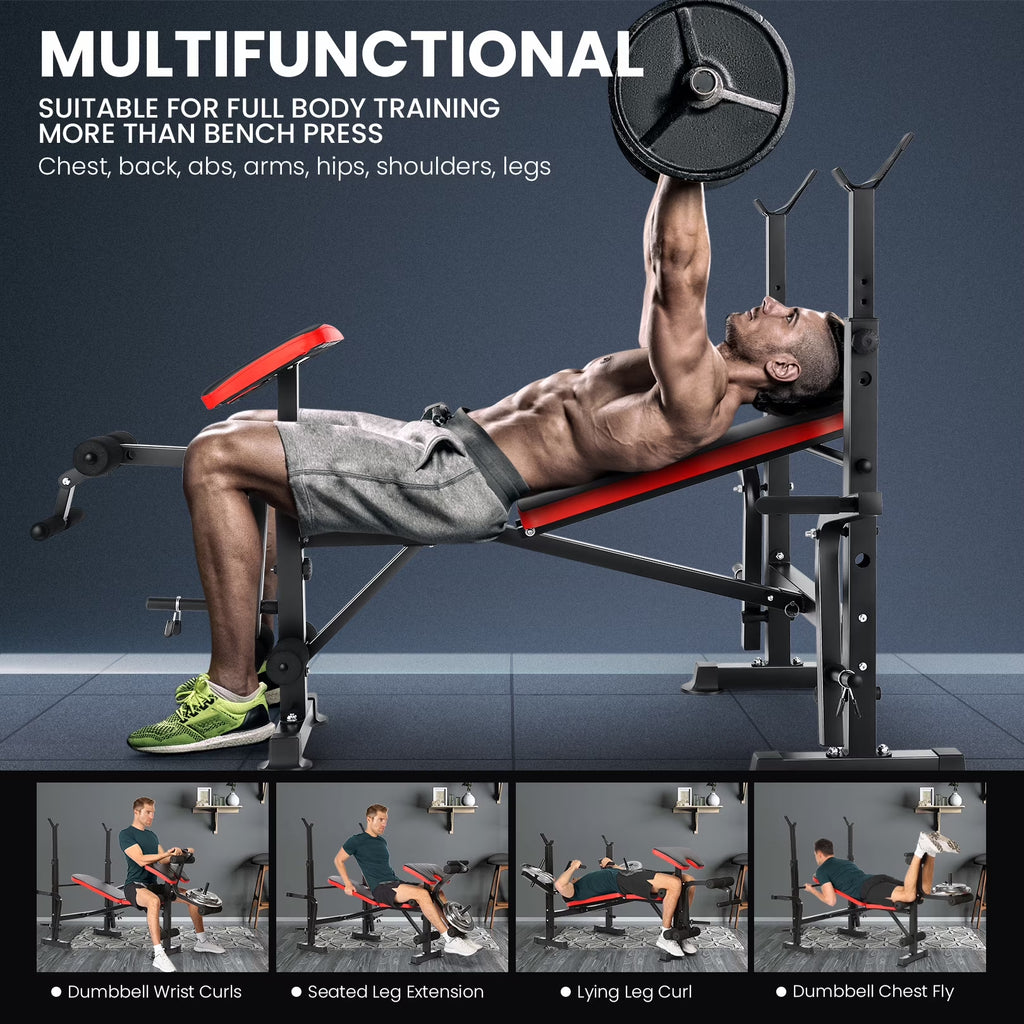 6-In-1 Adjustable Weight Bench, 660Lbs Foldable Workout Bench Set with Barbell Rack & Leg Developer & Preacher Curl Rack, Multi-Function Strength Training Bench Press Exercise Equipment
