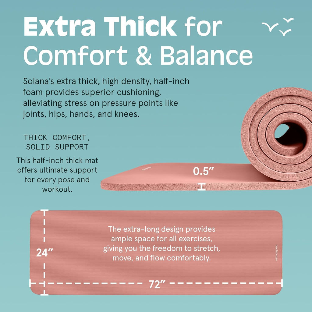 Solana Yoga Mat Thick 1/2In Non-Slip Workout Mat with Nylon Strap - 72X24In Exercise Mat for Pilates, Stretching & Fitness - BPA Free, Easy Clean